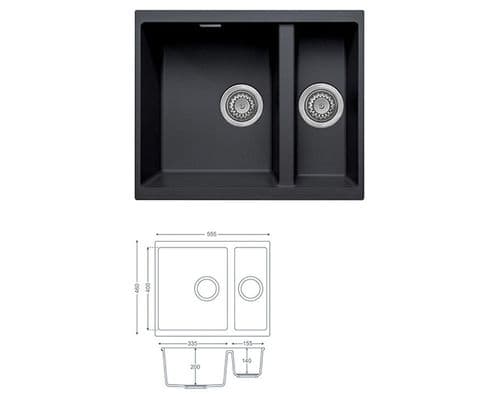 River Range - Severn - Graphite Black Undermount Sink - One and a Half Bowl - Granite 555 x 460mm