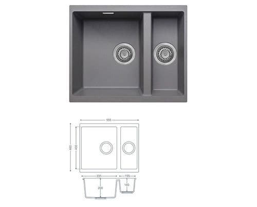 River Range - Severn - Graphite Grey Undermount Sink - One and a Half Bowl - Granite 555 x 460mm