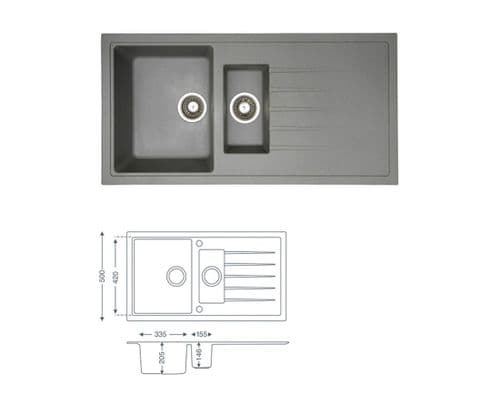 River Range - Wraysbury - Graphite Grey Inset Sink - One & Half Bowl - Granite 1000 x 500 mm