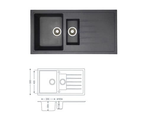 River Range - Wraysbury - Gunmetal Grey Inset Sink - One & Half Bowl - Granite 1000 x 500 mm