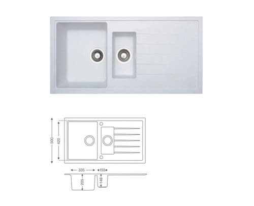 River Range - Wraysbury - White Inset Sink - One & Half Bowl - Granite 1000 x 500 mm