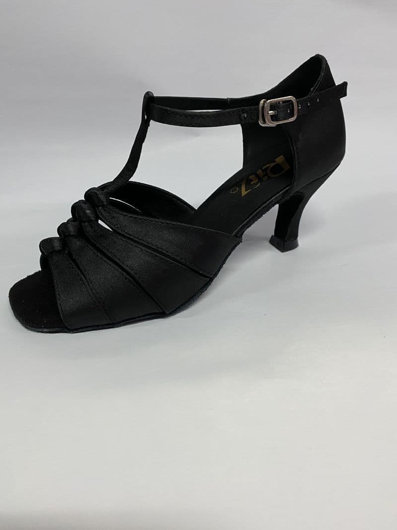 MANDY Ladies Latin TBar Dance shoe in Black Satin with Knott design