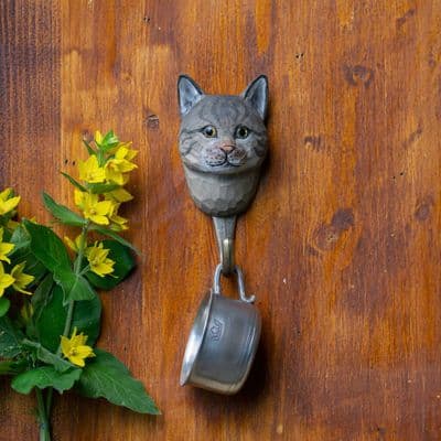 Carved Wooden House Cat Hook