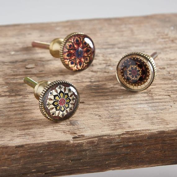 Set of Three Mosaic Glass and Brass Knobs