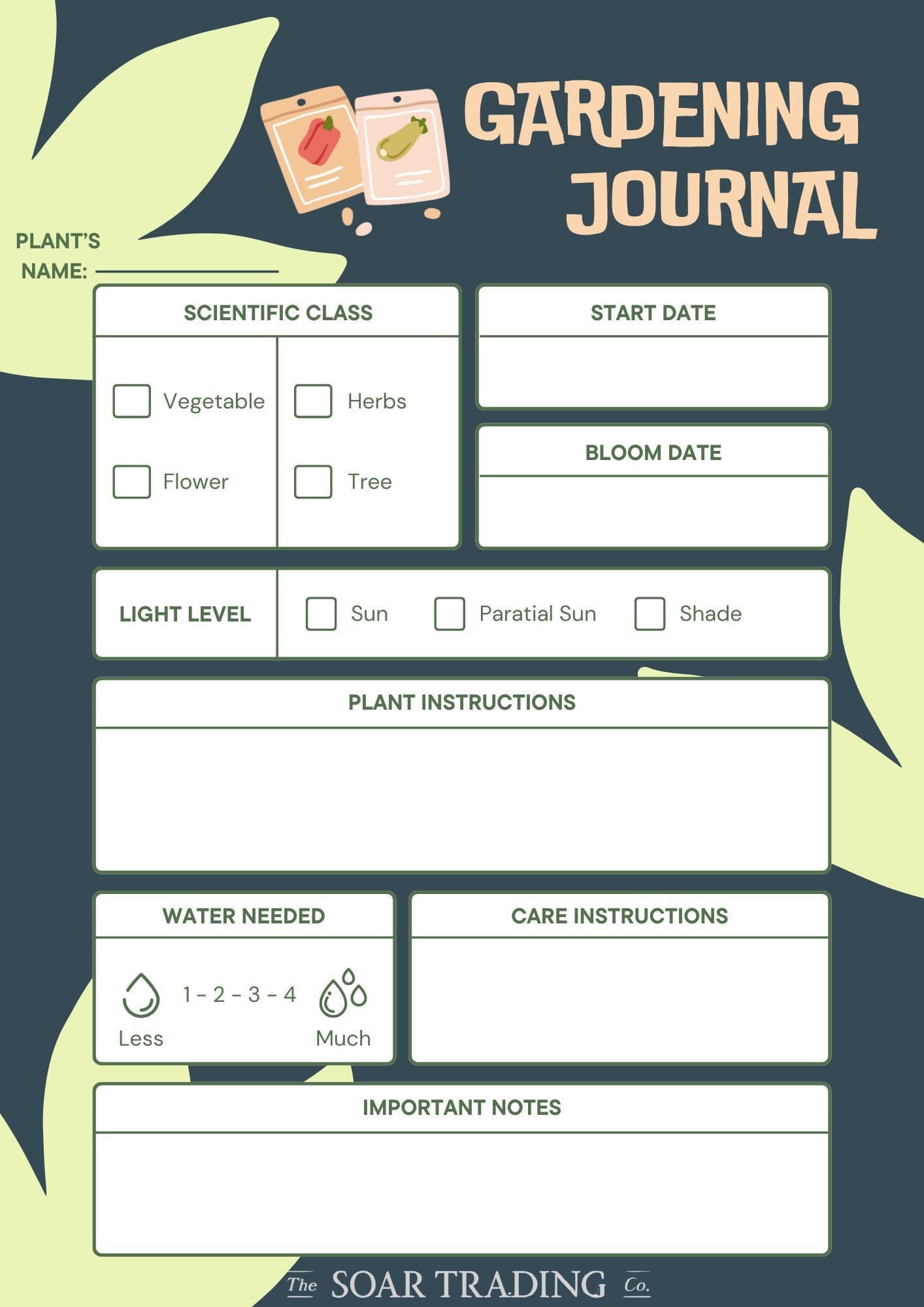 Preview of a gardening journal page with sections for plant name, dates, and care instructions