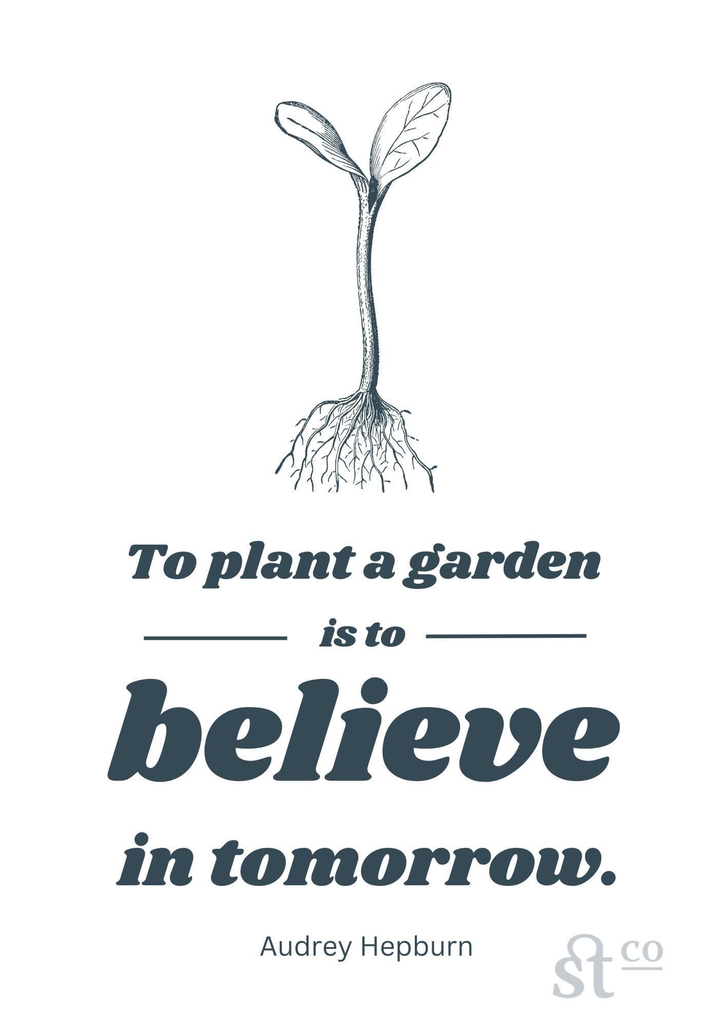 Elegant text 'To plant a garden is to believe in tomorrow' by Audrey Hepburn with a seedling illustration