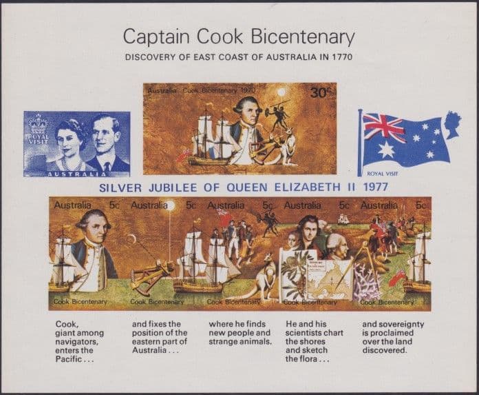 Australian Stamps 1970 SG MS465 Captain Cook Bicentenary miniature sheet Silver Jubilee overprint