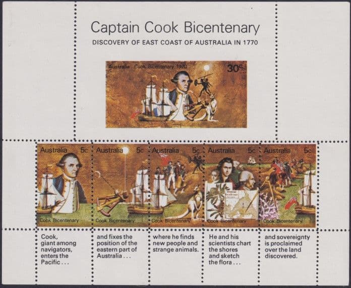 Australian Stamps 1970 SG MS465 Captain Cook Bicentenary miniature sheet unofficial perforations