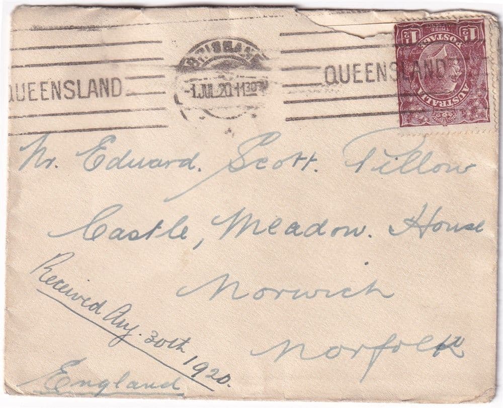 Australia Postal History Cover 1920 1½d King V to Norwich, England