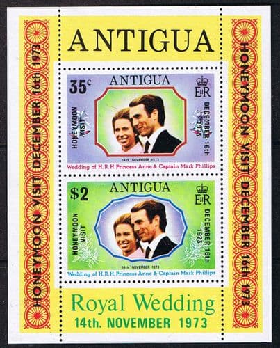 1973 Antigua Princess Anne Royal Wedding Honeymoon Visit Mini Sheet Fine Mint