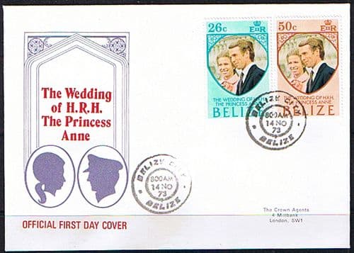 1973 Belize Princess Anne Royal Wedding Set on First Day Cover