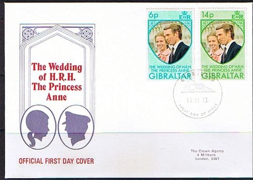 1973 Gibraltar Princess Anne Royal Wedding Set on First Day Cover