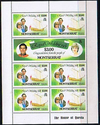 1981 Montserrat Charles and Diana Royal Wedding $3 Sheetlet Pane Fine Mint
