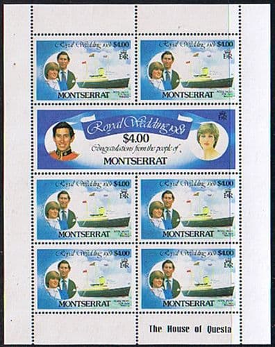 1981 Montserrat Charles and Diana Royal Wedding $4 Sheetlet Pane Fine Mint