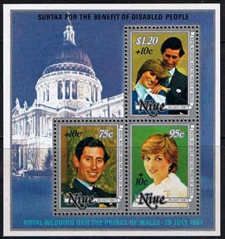1981 Niue Charles and Diana Royal Wedding Miniature Sheet Disabled Surcharged Fine Mint