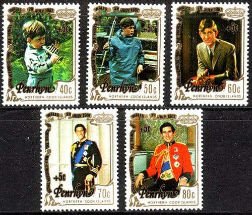 1981 Penrhyn Island Charles and Diana Royal Wedding Set Surcharge Fine Mint