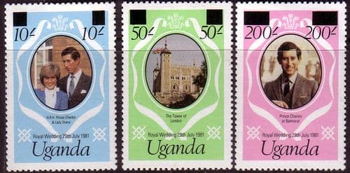 1981 Uganda Charles and Diana Royal Wedding Set Large Surcharged Fine Mint
