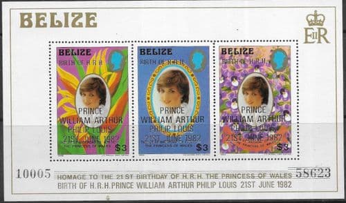 1982 Belize Diana 21st Birthday $3 Mini optd Sheet Fine Mint