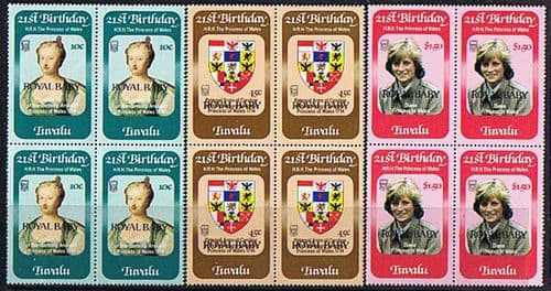 1982 Tuvalu Diana 21st Birthday ROYAL BABY Overprint Set in Blocks of 4 Fine Mint