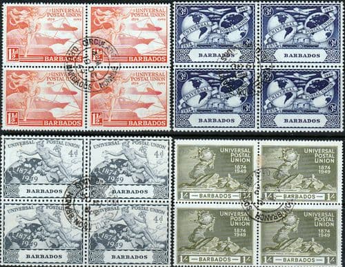 Barbados 1949 Universal Postal Union Set Fine Used in Blocks of 4