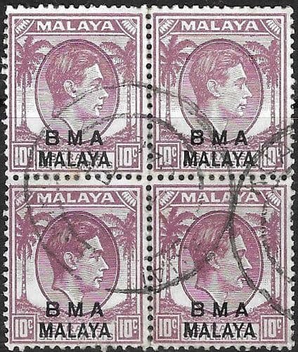 BMA 1945 Straits Settlements stamps optd B M A MALAYA Block of 4 SG 8b Fine Used