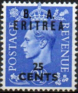 British Post Offices Eritrea 1950 Overprint B A SG E 16 Fine Mint