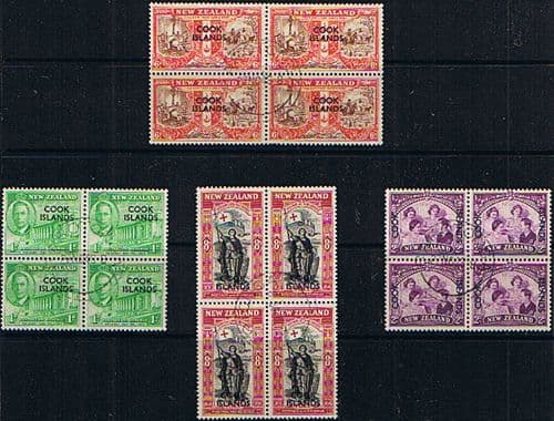 Cook Islands 1946 King George VI Victory Set in Blocks of 4 Fine Used
