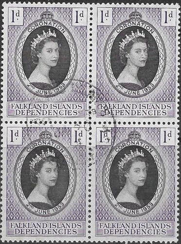 Falkland Islands Dependecies Queen Elizabeth II 1953 Coronation Fine Used Block of 4