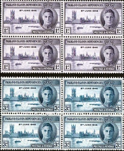 Falkland Islands Dependencies 1946 King George VI Victory Set in Blocks of 4 Fine Mint