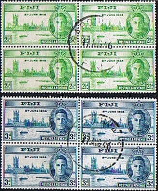 Fiji 1946 King George VI Victory Set in Blocks of 4 Fine Used