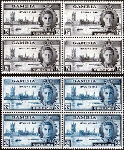 Gambia 1946 King George VI Victory Set in Blocks of 4 Fine Mint