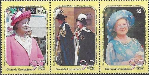 Grenada Grenadines 1990 Queen Mother 90th Birthday Strip Fine Mint