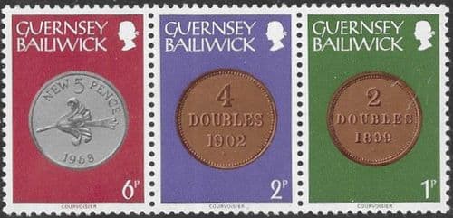 Guernsey 1979 Coins Strip of 3a - 9p Values Fine Mint