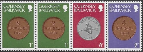 Guernsey 1979 Coins Strip of 4b - 10p Values Fine Mint