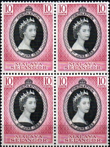 Malaya Selangor Queen Elizabeth II 1953 Coronation Fine Mint Block of 4