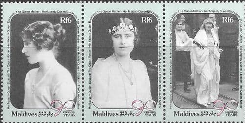 Maldive Islands 1990 Queen Mother 90th Birthday Strip Fine Mint
