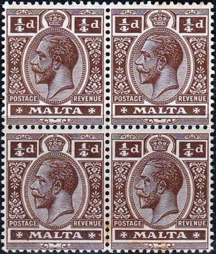Malta 1914 King George V SG 69a Fine Mint Block of 4