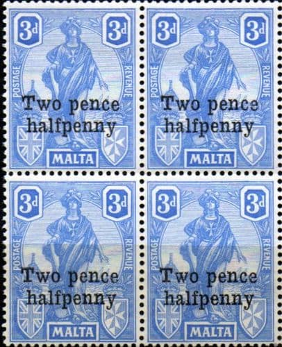 Malta 1925 SG 142 Britannia Surcharged Fine Mint Block of 4