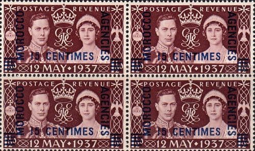 Morocco Agencies 1937 King George VI Coronation French Currency Block of 4 Fine Mint