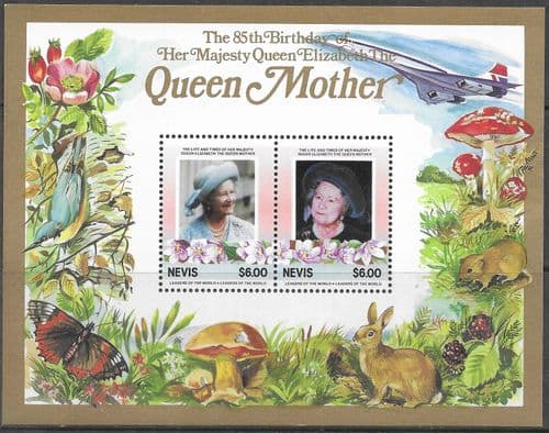 Nevis 1985 Queen Mother Life and Times $6 Miniature Sheet Fine Mint