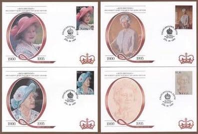 Nevis 1995 Queen Mothers Birthday on Set of 4 First Day Covers Fine Mint