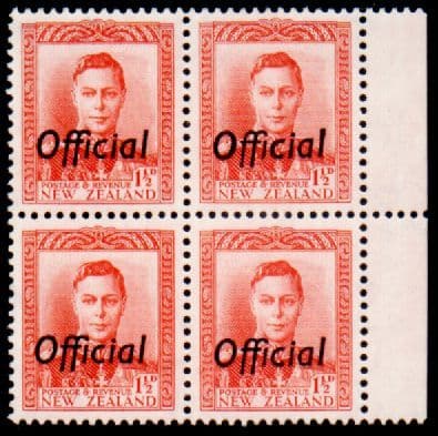 New Zealand 1938 King George VI Official SG O139 Superb Marginal Block of 4 Fine Mint