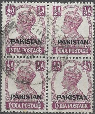 Pakistan 1947 SG 2 India Overprints Fine Used Block of 4