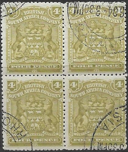 Rhodesia 1898 British South Africa Company SG 82 Fine Used Block of 4