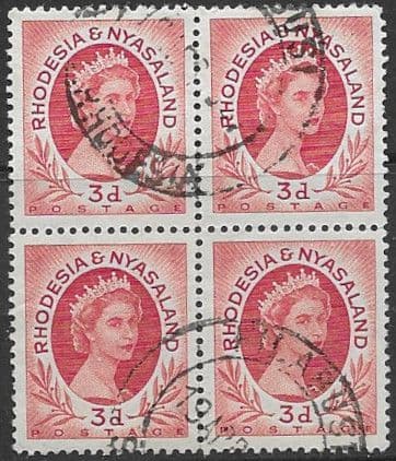 Rhodesia and Nyasaland 1954 Queen Elizabeth II SG 4 Fine Used Block of 4