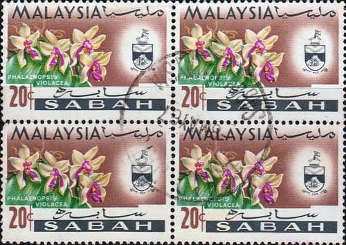 Sabah 1965 SG 430 Orchids Phalaenopsis Violacea Fine Used Block of 4
