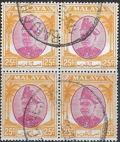 Selangor 1949 Sultan Sultan Hisam-ud-Din Alam Shah SG 103 Fine Used Block of 4