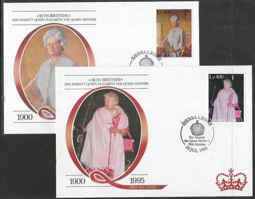 Sierra Leone 1995 Queen Mothers Birthday on Set of 2 First Day Covers Fine Mint
