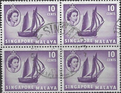 Singapore 1955 Queen Elizabeth SG 44 Boat Fine Used Block of 4
