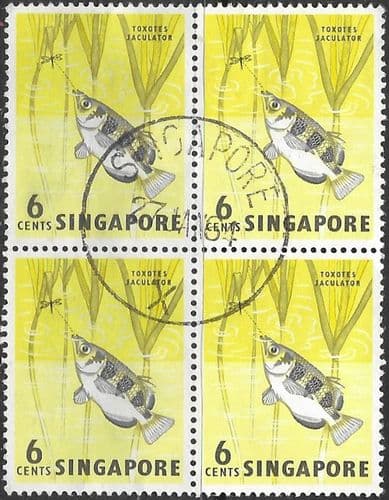 Singapore 1962 SG 67 Archer Fish Block of 4 Fine Used